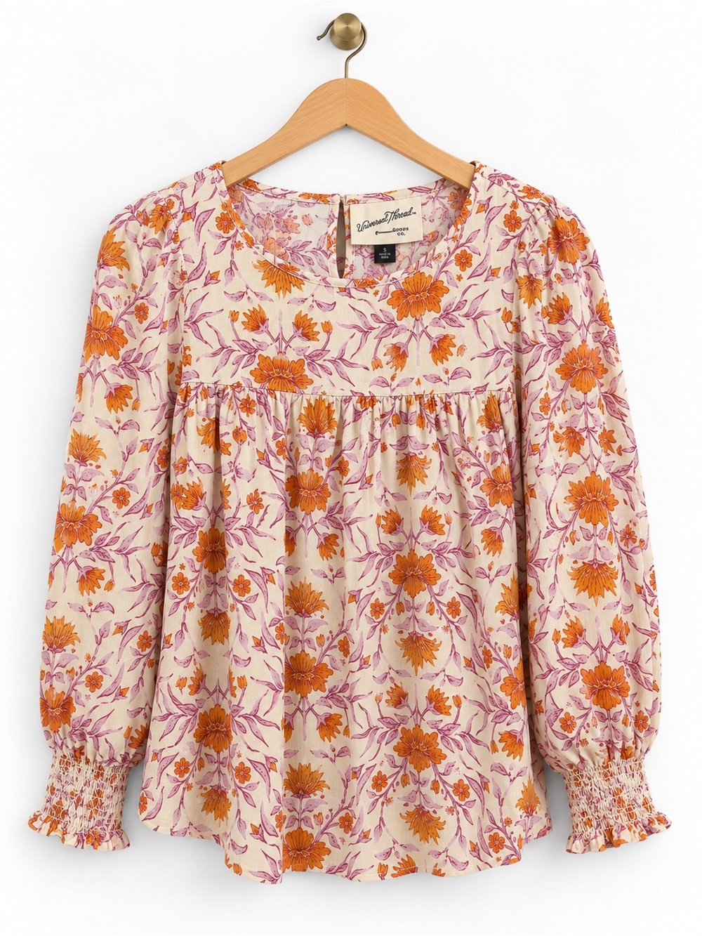 Universal Thread Floral Babydoll Blouse Small Orange Pink Puff Sleeve Boho